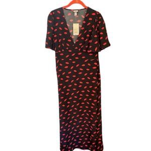 A New Day Flutter Sleeve Lips Print Maxi Dress Size 8 Black Empire Waist A-Line
